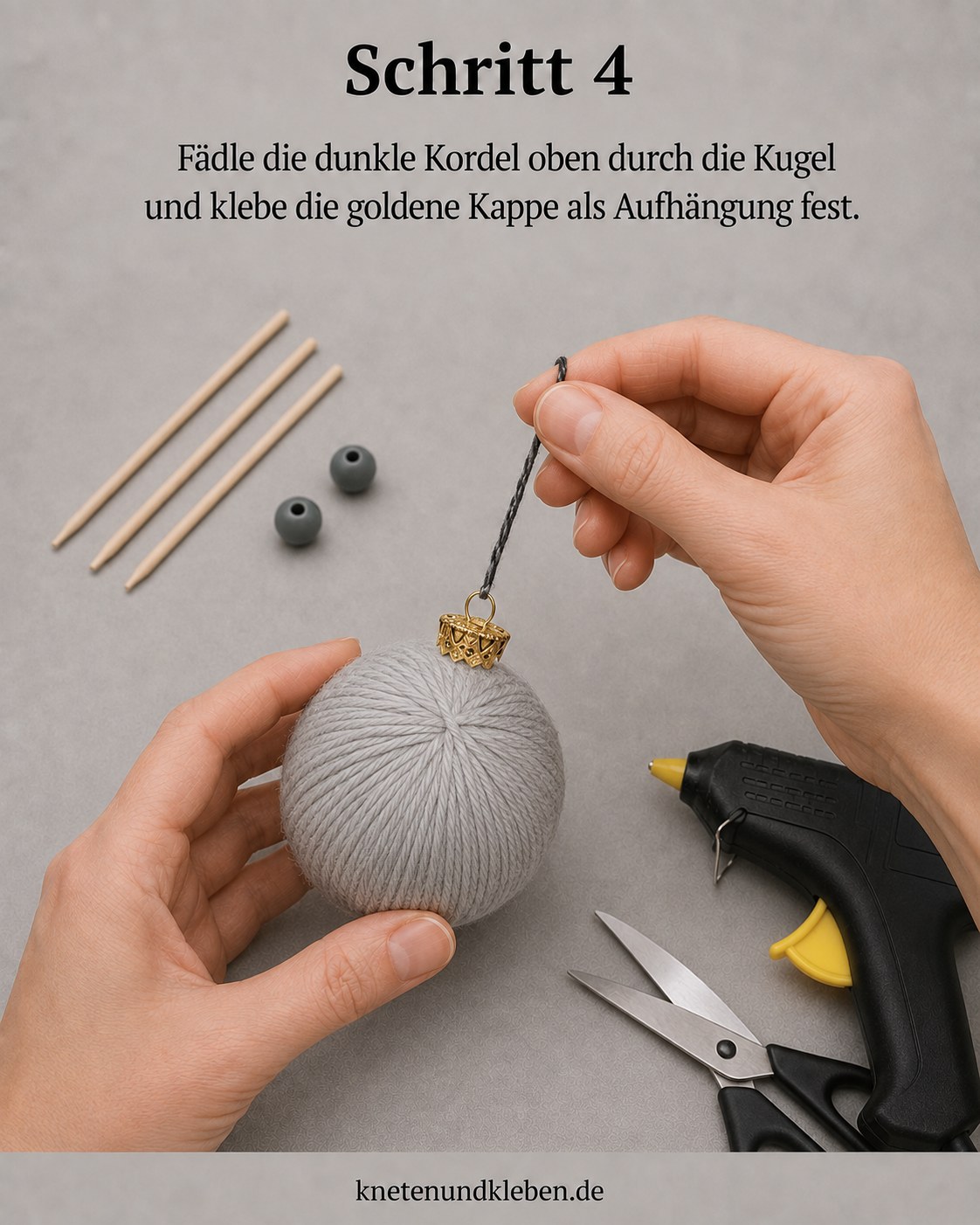 Goldene Kappe und dunkle Kordel werden als Aufhängung für die Wollkugel festgeklebt