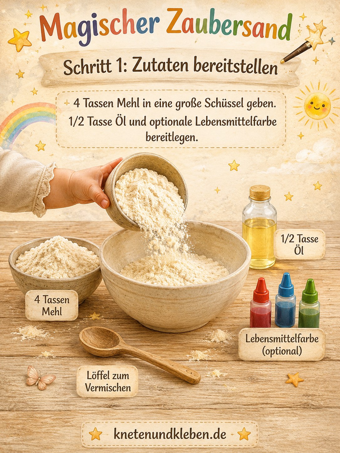 Kinderhand schüttet Mehl in eine Schüssel beim ersten Schritt, um Zaubersand selber machen zu können