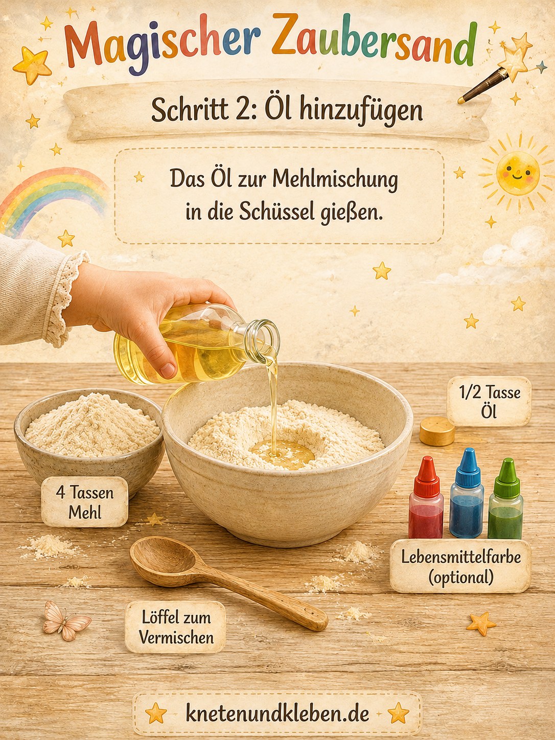 Kinderhand gießt Öl aus einer Flasche zur Mehlmischung für hausgemachten Zaubersand