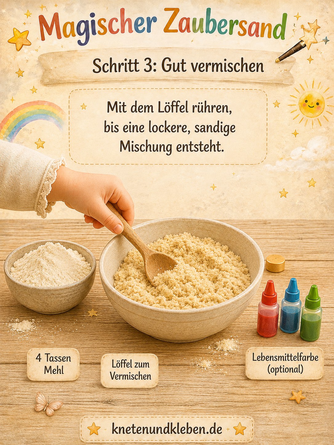 Kind rührt mit einem Holzlöffel Mehl und Öl zu einer lockeren, sandigen Masse für Zaubersand