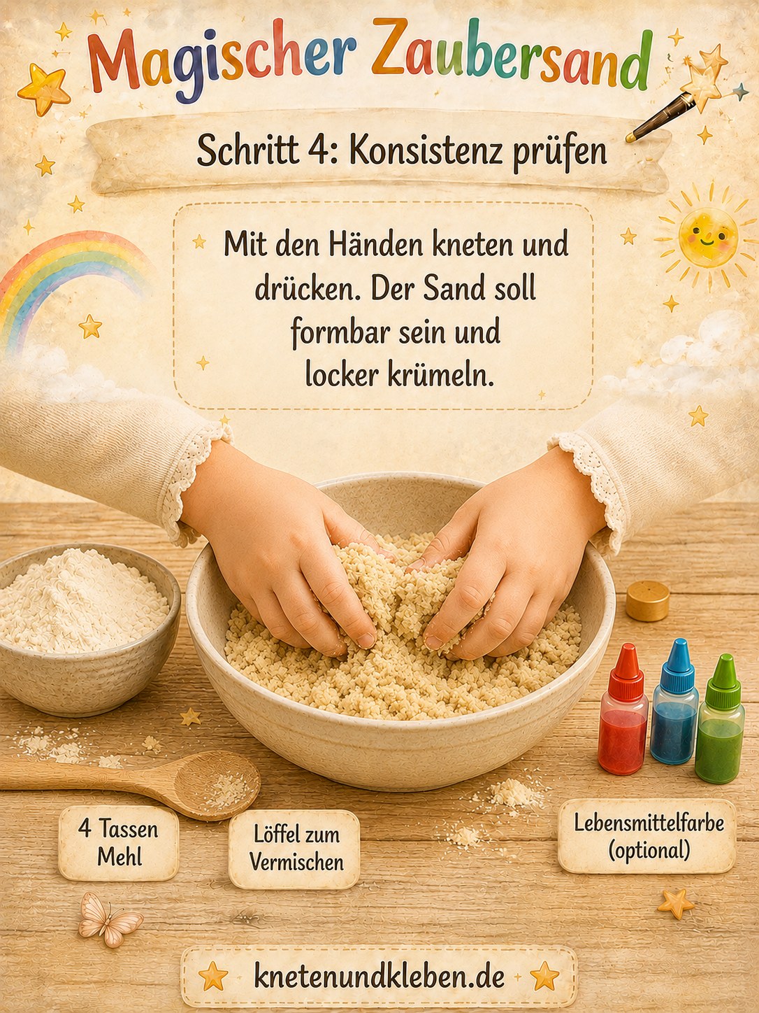 Zwei Kinderhände kneten und prüfen die krümelige Konsistenz beim Zaubersand selber machen
