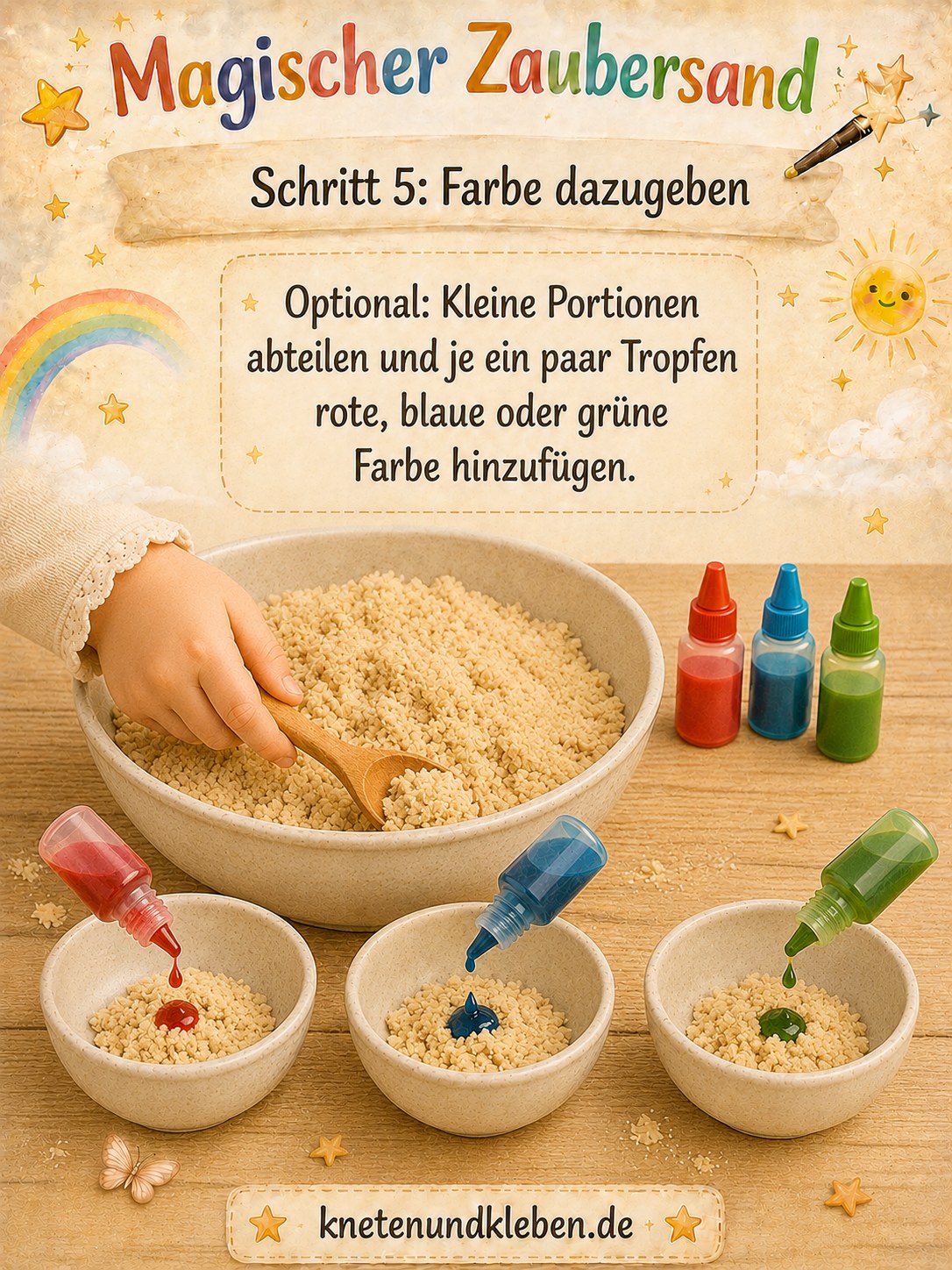 Kinderhand träufelt Lebensmittelfarbe in kleine Schälchen mit abgeteiltem Zaubersand
