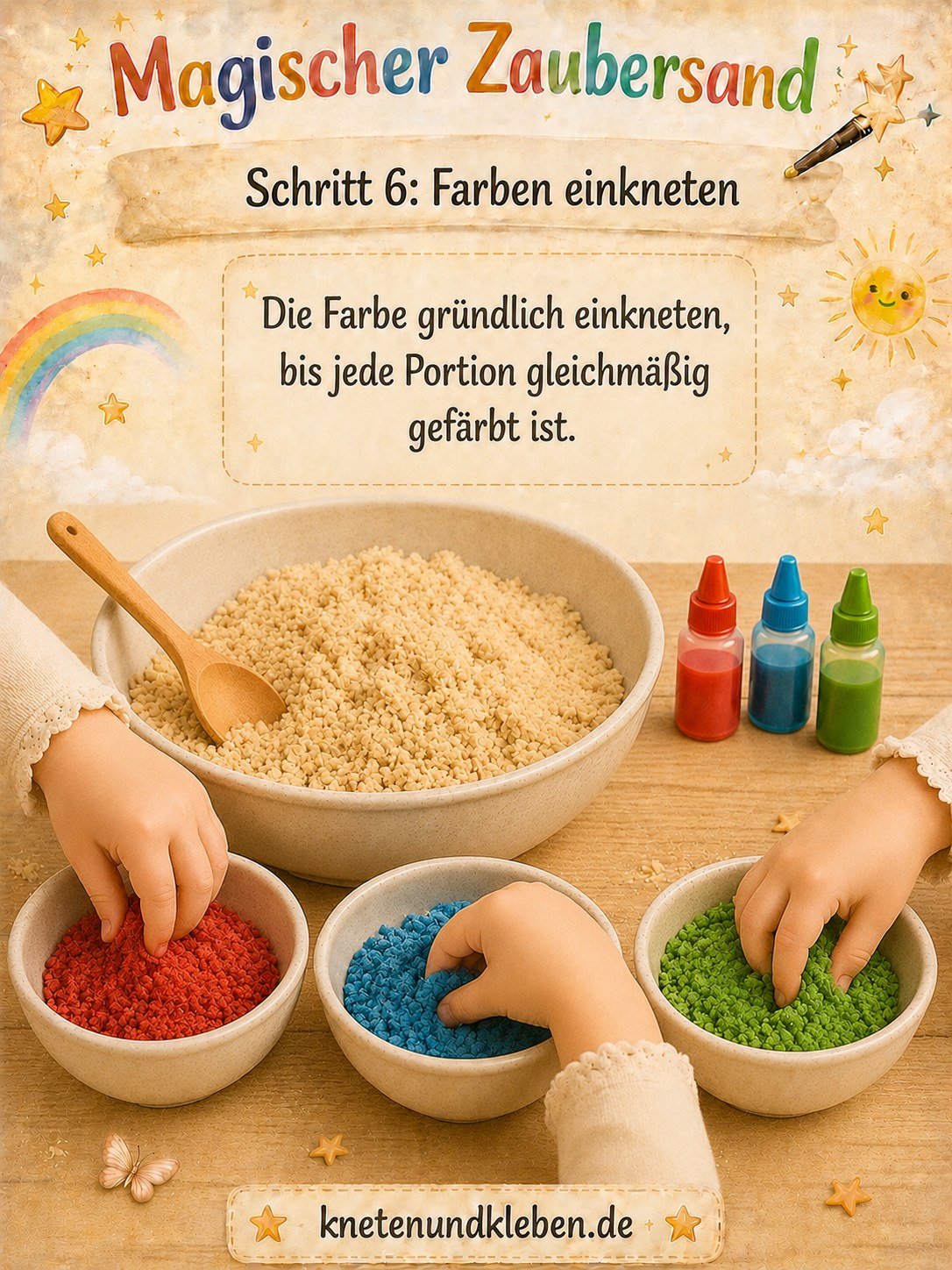 Drei Kinderhände kneten rote, blaue und grüne Farbe gleichmäßig in den selbstgemachten Zaubersand ein